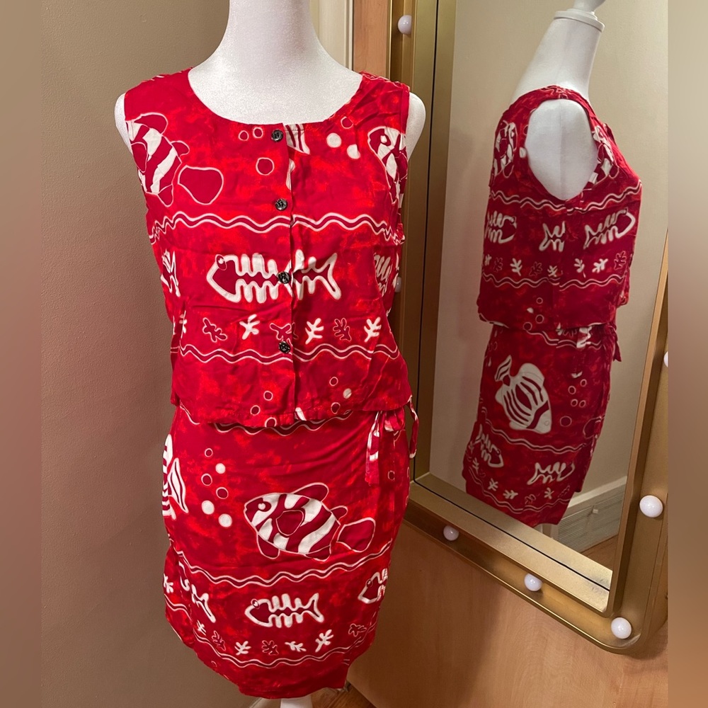 Two piece red and white tropical outfit/swim coverup-sarong and shirt Sz Medium